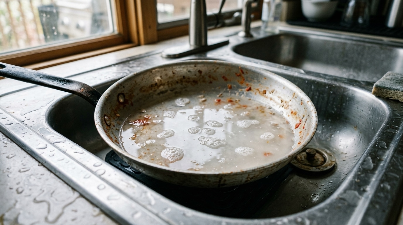 Uma panela de aço inoxidável com água fumegante dentro da cuba de uma pia de inox, ao lado de uma esponja amarela e frasco de detergente.