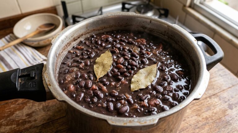 isão superior de uma panela de pressão aberta sobre uma mesa de madeira, cheia de feijão preto recém-cozido com caldo encorpado e duas folhas de louro por cima.