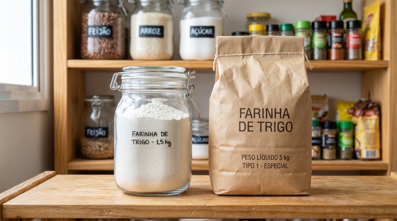 Bancada de madeira clara com um grande pote de vidro hermético cheio de farinha e etiquetado 'FARINHA DE TRIGO - 1,5 kg'. Ao lado, um saco de papel pardo fechado de 5kg de farinha de trigo. Ao fundo, prateleiras de despensa bem organizadas exibem outros potes de vidro com feijão, arroz, açúcar e temperos.