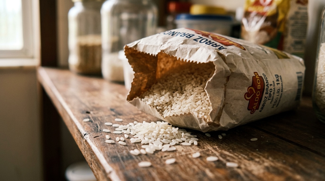 Pacote de papel de arroz branco rasgado na borda, com vários grãos crus derramados e espalhados sobre uma mesa de madeira envelhecida, com fundo de cozinha desfocado.