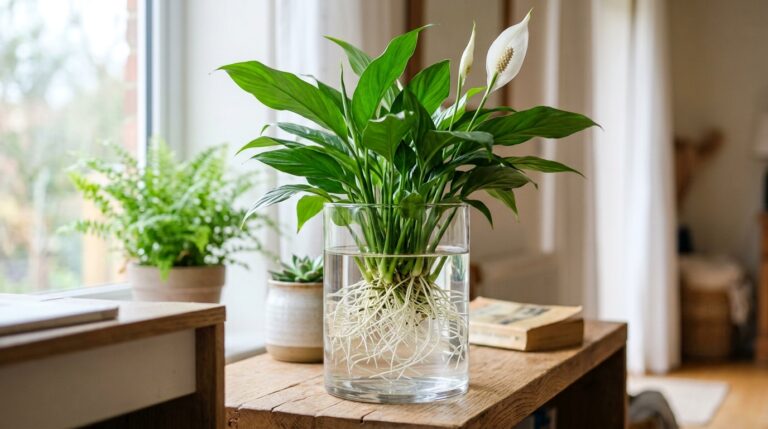 Fotografia em close-up de um Lírio da Paz florido dentro de um vaso de vidro, focando nas raízes brancas e espessas suspensas na água límpida, com luz natural ao fundo.