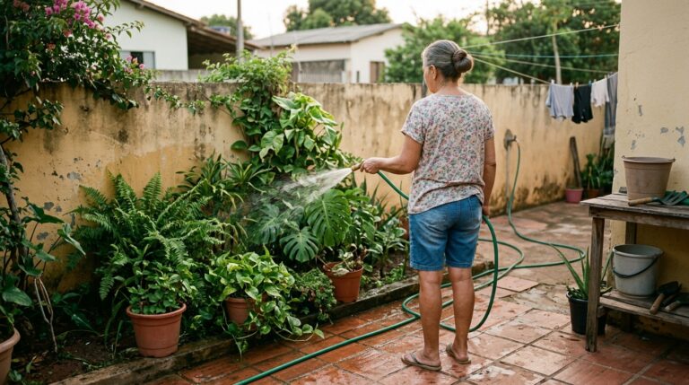 Mulher de costas regando com uma mangueira diversos vasos de plantas, incluindo samambaias e folhagens, organizados no piso de lajota de um quintal ao entardecer.