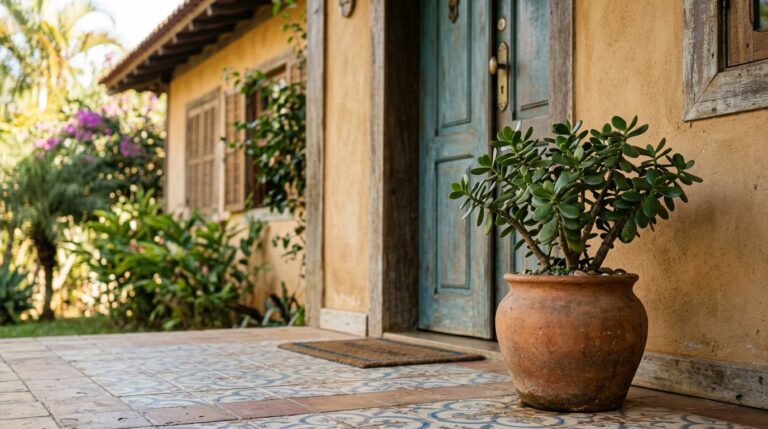 Vaso de barro arredondado com uma planta Jade volumosa na varanda de piso desenhado, posicionado ao lado de uma porta de madeira azul rústica na entrada de uma casa.