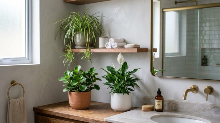 Bancada de madeira em um banheiro claro com três vasos de plantas: uma Peperômia, um Lírio-da-paz florido e um Clorofito na prateleira superior.