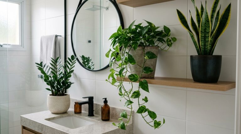 Banheiro moderno com espelho redondo e plantas decorativas: uma Zamioculca na bancada, uma Jiboia pendente e uma Espada-de-São-Jorge na prateleira.