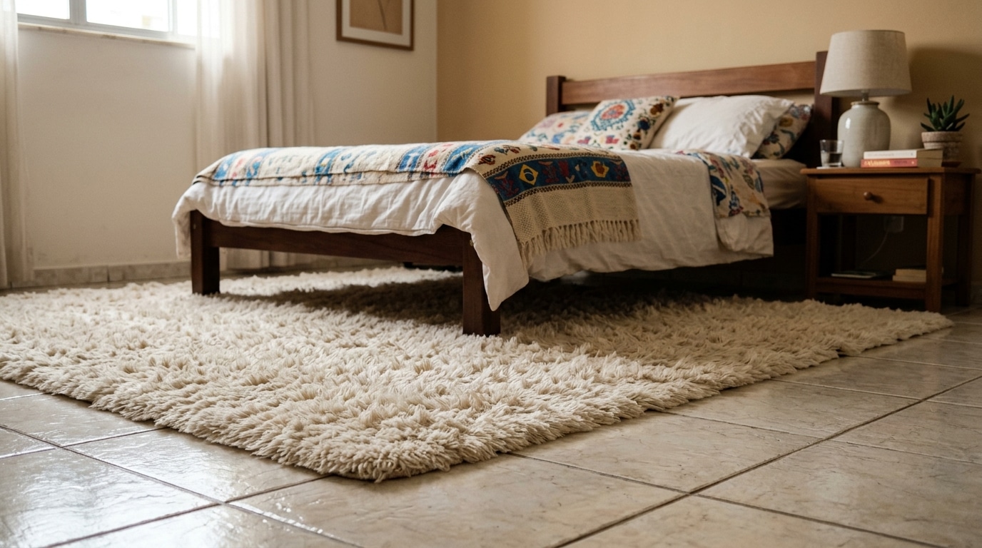 Câmera em ângulo baixo focando na textura de um tapete felpudo e espesso de cor creme estendido sobre um piso de cerâmica fria. Ao fundo, os pés de madeira de uma cama de casal forrada com uma manta estampada colorida e uma mesa de cabeceira com abajur.