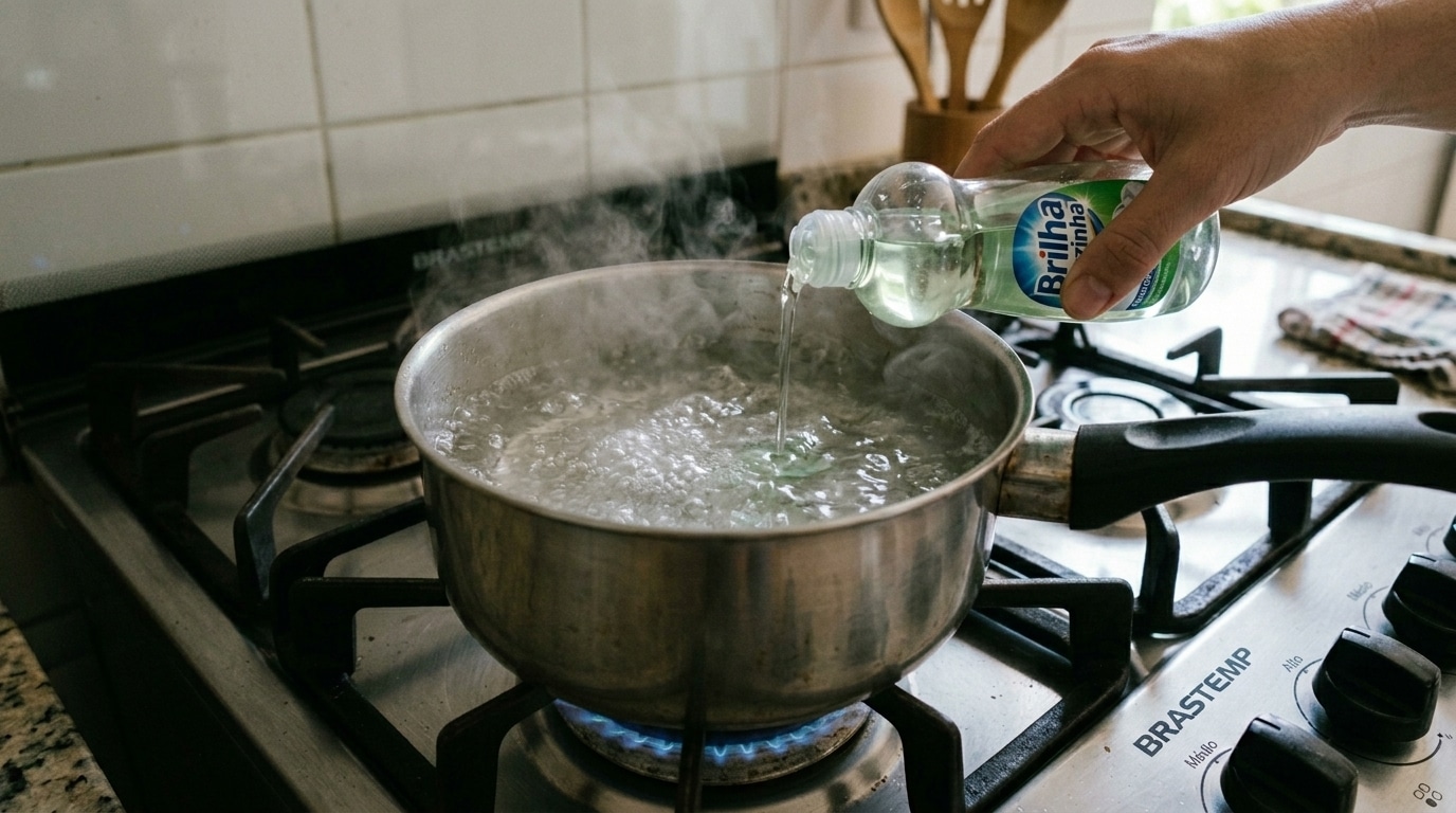 Mão despejando um limpador líquido verde em uma panela de inox com água fervente e borbulhante sobre a chama azul de um fogão a gás.
