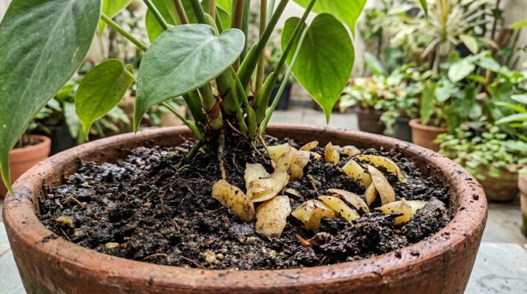 Cascas de batata crua espalhadas sobre a terra escura e úmida de um vaso de cerâmica contendo uma planta verde de interior, com um quintal desfocado ao fundo.