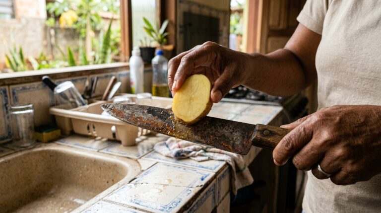 Pessoa esfregando metade de uma batata crua diretamente na lâmina enferrujada de uma faca de cozinha sobre a pia.