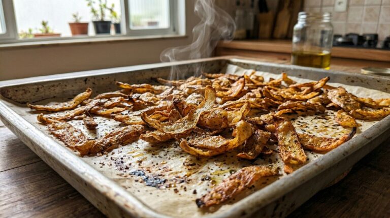 Assadeira de metal forrada com papel manteiga cheia de cascas de batata assadas, douradas e muito crocantes, exalando vapor quente, sobre uma bancada de madeira na cozinha.
