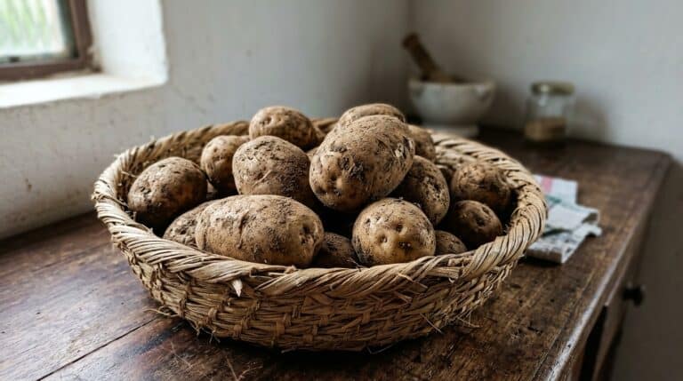 Cesto redondo e raso de palha rústica cheio de batatas inglesas cruas, ainda com terra na casca, apoiado sobre uma bancada de madeira escura em uma cozinha iluminada por luz natural.