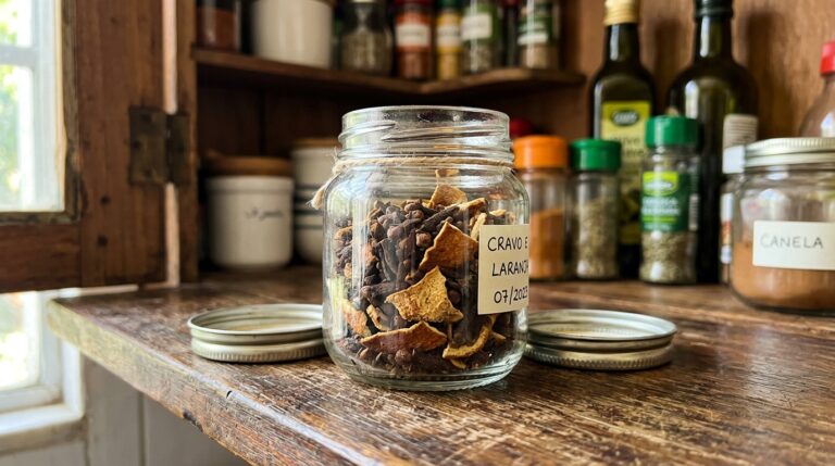 Pote de vidro rústico amarrado com barbante e etiquetado à mão com 'Cravo e Laranja 07/2023', cheio de cascas cítricas secas e cravos-da-índia, sobre uma bancada de madeira na despensa.