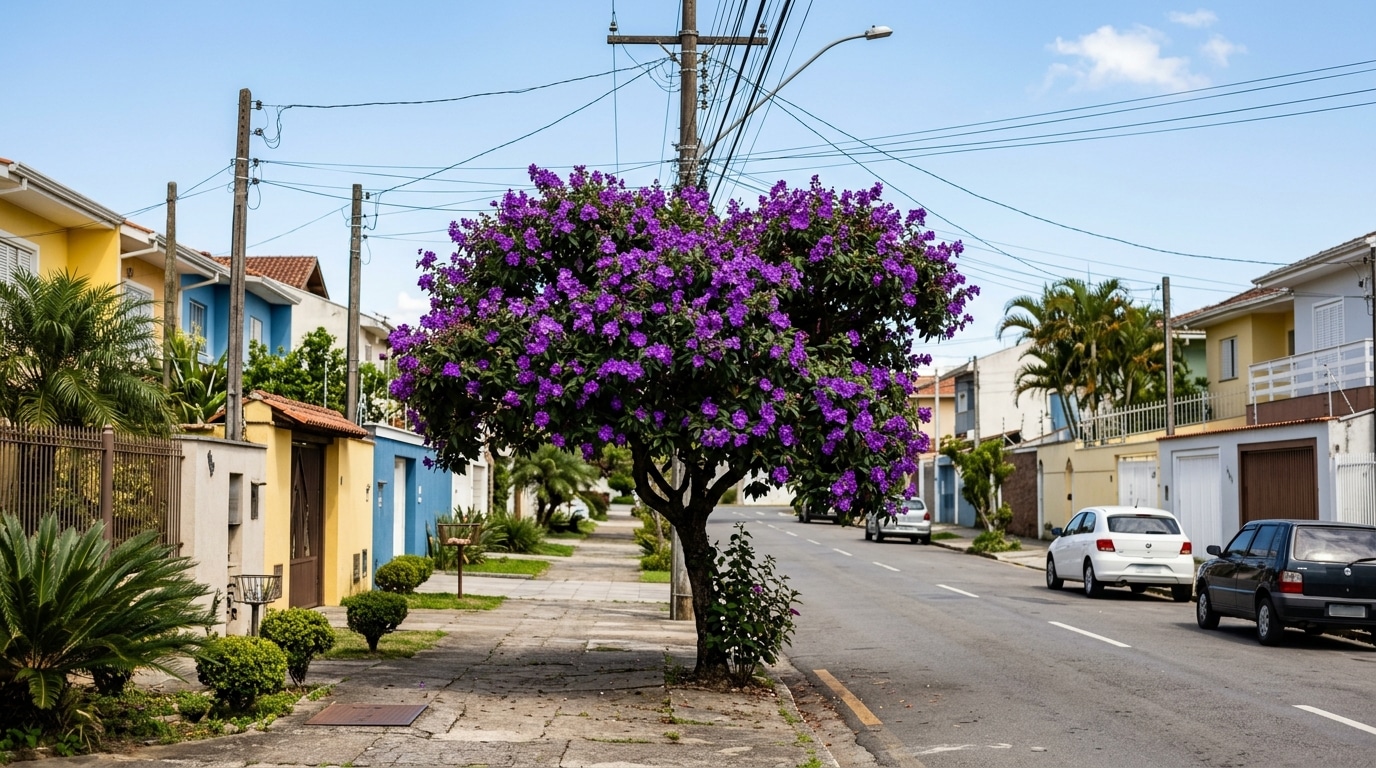 Uma árvore Quaresmeira de porte médio com a copa completamente tomada por flores roxas vibrantes, plantada na calçada de paralelepípedos de uma rua residencial. O tronco é liso e as raízes não interferem no piso. Ao fundo, vê-se a rua asfaltada, carros estacionados e fachadas de casas coloridas.
