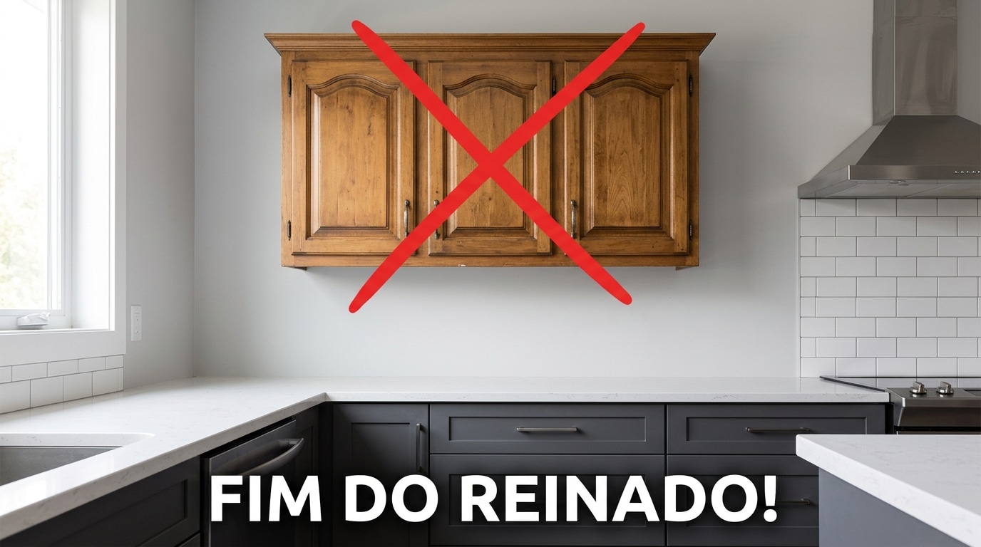 Um grande X vermelho desenhado sobre um armário aéreo de madeira rústica em uma cozinha moderna com balcões escuros. Na base, o texto "FIM DO REINADO!".