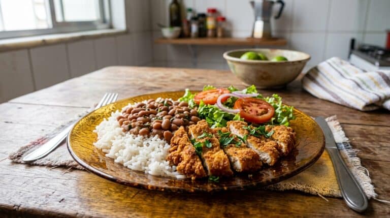 Clássico prato Duralex de vidro âmbar servido com arroz branco, feijão carioca, filé de frango empanado fatiado e salada de alface com tomate e cebola roxa, sobre uma mesa rústica de madeira.