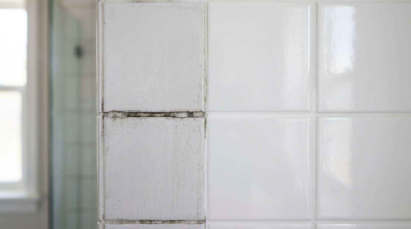 Parede de azulejos brancos exibindo o lado esquerdo com rejuntes pretos de mofo e o lado direito com os rejuntes totalmente limpos e brancos.