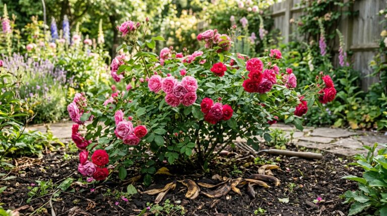 Arbusto de roseira cultivado no solo do jardim, repleto de rosas em tons de rosa intenso, com cascas de banana espalhadas sobre a terra escura na base da planta.