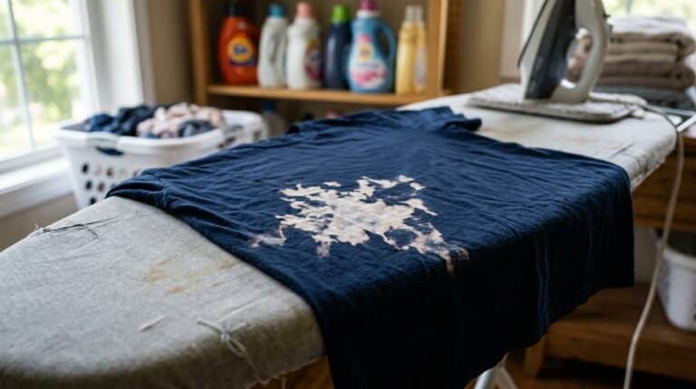 Camiseta azul-marinho estendida sobre uma tábua de passar roupa, apresentando uma grande mancha branca e irregular de água sanitária no centro.