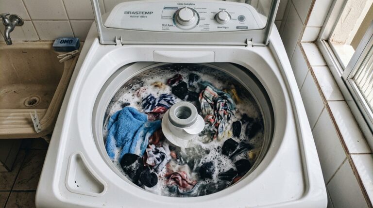 Visão superior de uma máquina de lavar branca com a tampa aberta em pleno ciclo de lavagem, agitando água com espuma e várias peças de roupas coloridas. Ao lado, um tanque rústico com uma barra de sabão.
