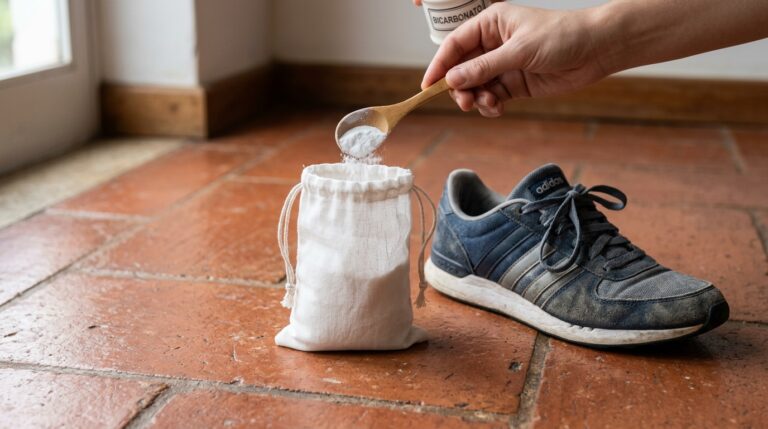 Mão segurando uma colher de madeira e despejando pó branco de um frasco escrito "BICARBONATO" para dentro de um pequeno saquinho de tecido branco. Ao lado, sobre o chão de lajotas rústicas, repousa um tênis esportivo azul com marcas de uso diário.