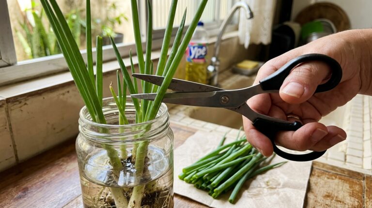 Mãos segurando uma tesoura e cortando hastes de cebolinha verde que estão crescendo dentro de um pote de vidro com um pouco de água. Na bancada de madeira, algumas cebolinhas já cortadas repousam sobre um papel, com a pia da cozinha ao fundo.