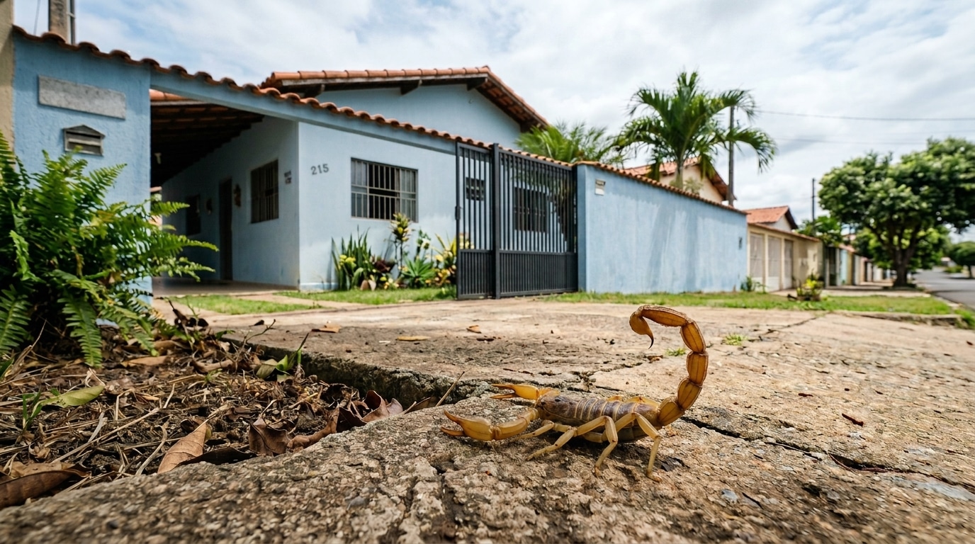 Um escorpião amarelo em close-up com a cauda erguida na calçada áspera de concreto, tendo ao fundo uma casa térrea azul clara com portão preto.