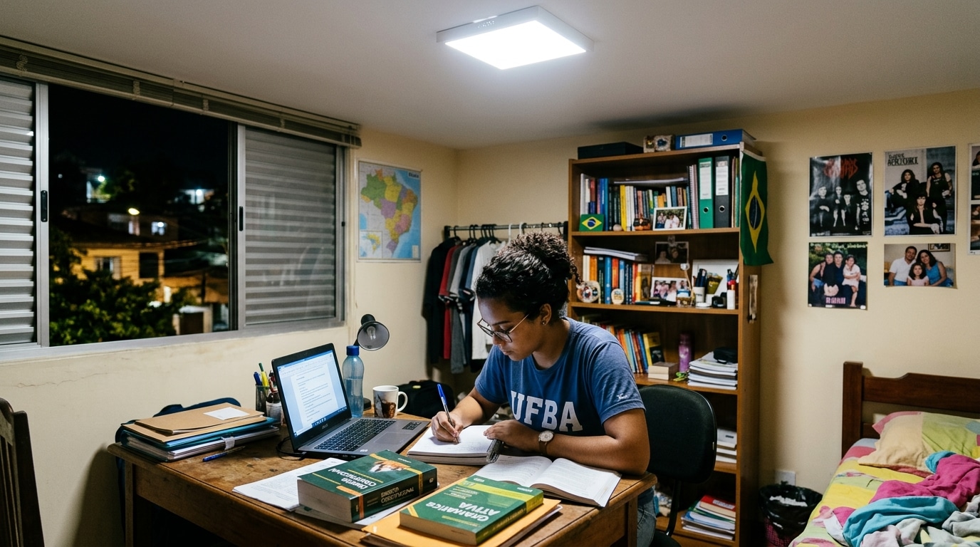 Estudante de óculos e camiseta azul escrita UFBA sentada em uma mesa de madeira, escrevendo no caderno com notebook ligado e livros grossos em primeiro plano.