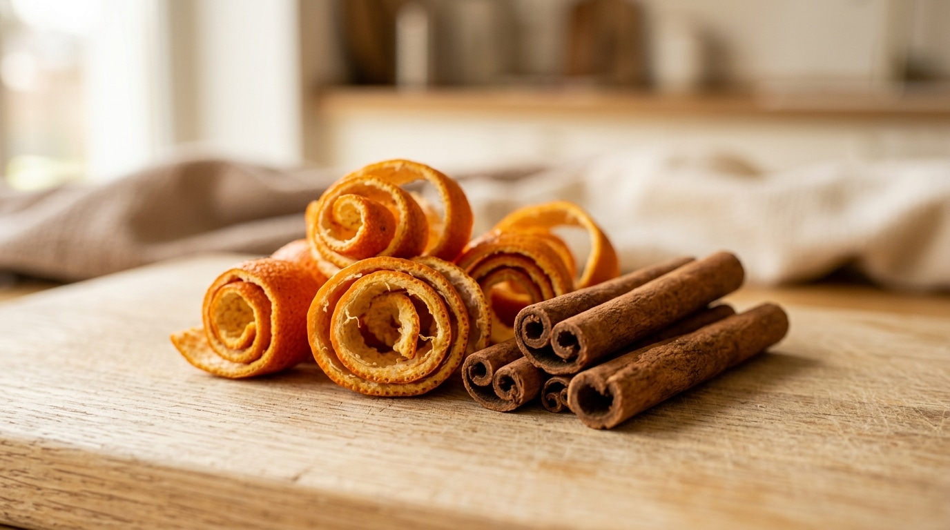 Pedaços de casca de tangerina alaranjada enrolados em espiral ao lado de três paus de canela secos sobre uma tábua de madeira clara.