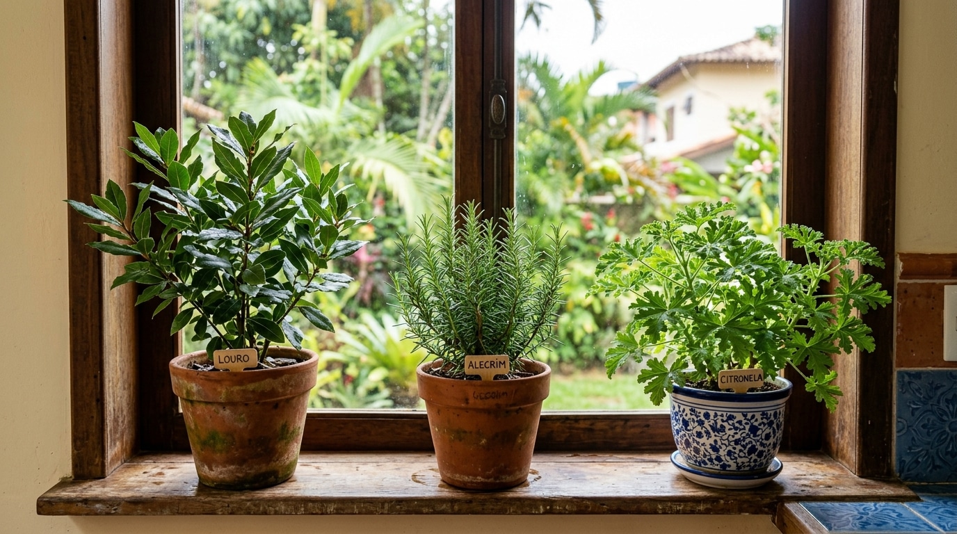Cultivar ervas aromáticas e repelentes perto das janelas ajuda a perfumar o ambiente de forma natural e a manter os mosquitos afastados.