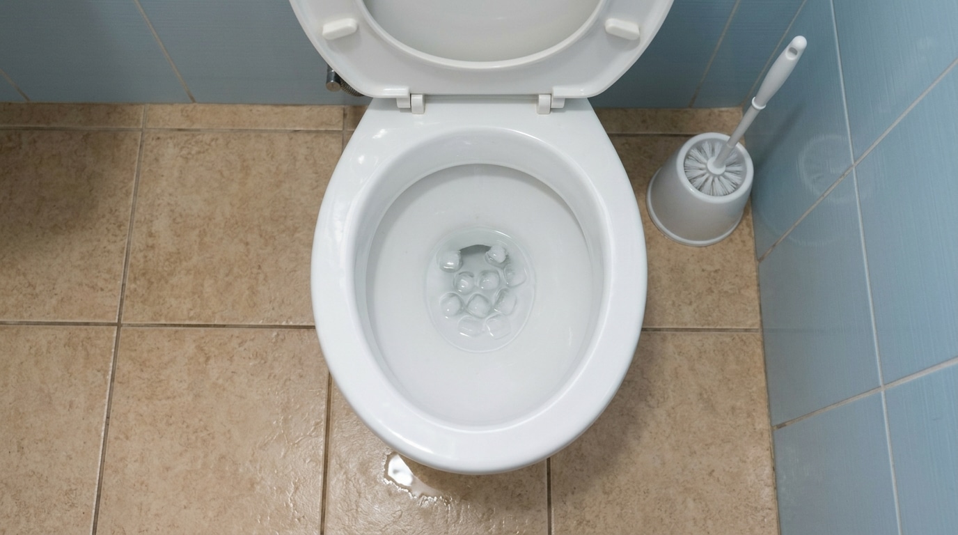 Vista superior de um vaso sanitário branco com o assento levantado, contendo vários cubos de gelo transparentes flutuando na água limpa.