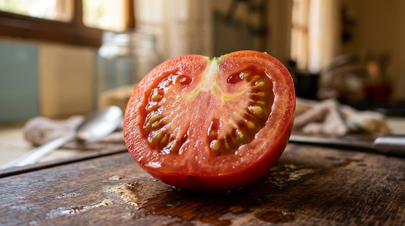 Close-up de um tomate vermelho cortado perfeitamente ao meio e apoiado em uma tábua de madeira úmida, revelando seu interior brilhante com polpa e sementes frescas.