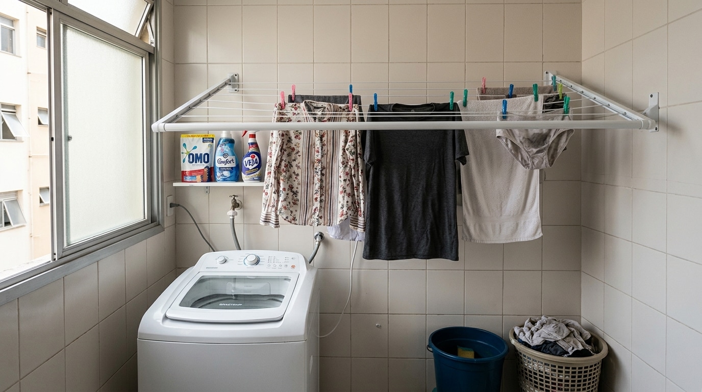 Varal de teto branco aberto com roupas estendidas, suspenso acima de uma máquina de lavar branca e prateleira com produtos em uma lavanderia azulejada.