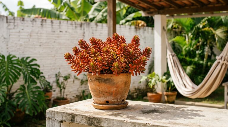 Vaso de terracota com uma suculenta Sedum de folhas em tons vibrantes de laranja e vermelho, apoiado em um muro de cimento com uma rede de descanso ao fundo.