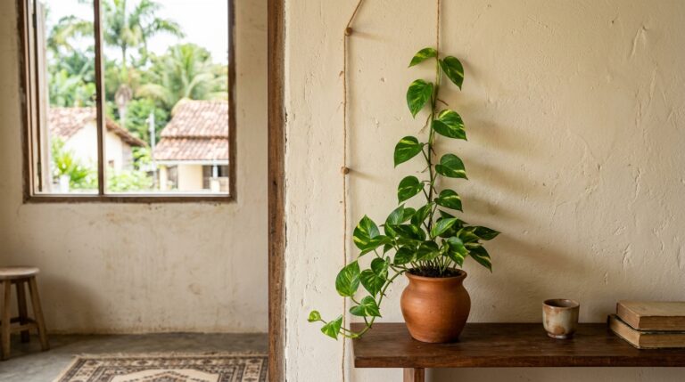 Fotografia de um ambiente interno aconchegante mostrando um vaso de barro sobre um aparador de madeira rústica. Uma planta jiboia verde e amarela cresce para cima, com seus caules delicadamente enrolados e guiados por um barbante vertical fixado em uma parede de textura clara. Ao fundo, uma janela de madeira aberta revela árvores e um quintal iluminado pelo sol.