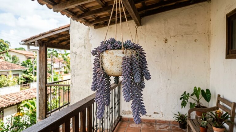 Vaso de cerâmica branca com pintinhas, suspenso por cordas em uma varanda rústica, com longas hastes de suculenta Rabo-de-burro penduradas.