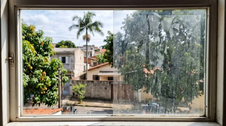 Janela com moldura clara exibindo um nítido contraste de limpeza. A metade direita do vidro está completamente opaca, engordurada e com marcas secas de água. A metade esquerda está perfeitamente limpa e invisível, revelando a vista de um quintal arborizado com uma grande mangueira e palmeiras ao fundo.