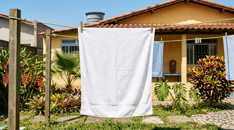 Toalha de banho felpuda branca e limpa estendida perfeitamente aberta em um varal de corda, com um quintal e parte de uma casa amarela iluminada pelo sol ao fundo.