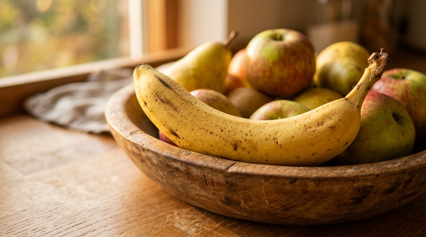 Uma banana madura amarela deitada em destaque sobre maçãs vermelhas e peras verdes dentro de uma fruteira de madeira rústica na bancada.