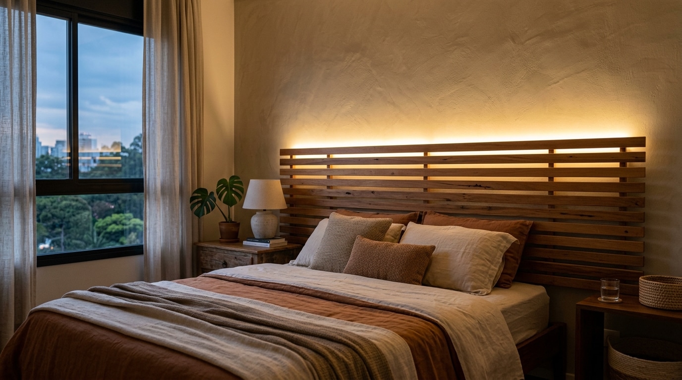 Quarto de casal com cama centralizada. A cabeceira é feita de ripas horizontais de madeira com uma fita de LED embutida emitindo luz amarela e quente na parede. À esquerda, uma mesa de cabeceira de madeira com abajur e um vaso com a planta Costela-de-Adão.