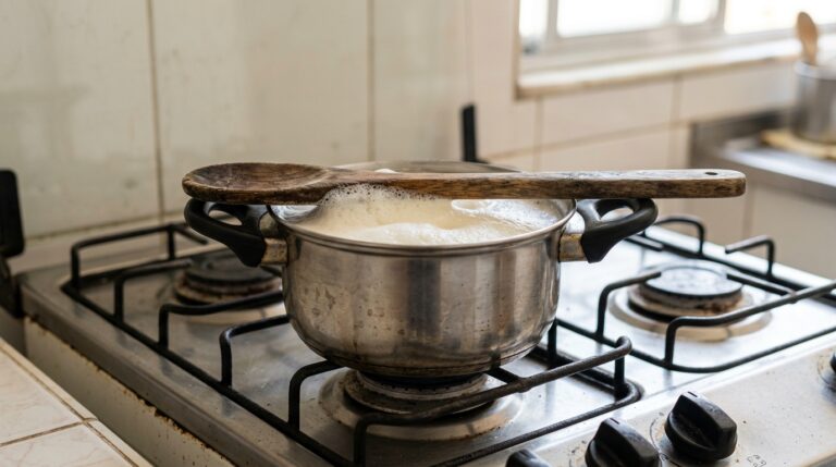 Fotografia de uma panela de inox no fogão com leite fervendo e espumando até a borda. Uma colher de pau rústica está apoiada horizontalmente atravessando a panela, rompendo as bolhas da espuma branca e impedindo fisicamente que o leite transborde e suje as grades do fogão.