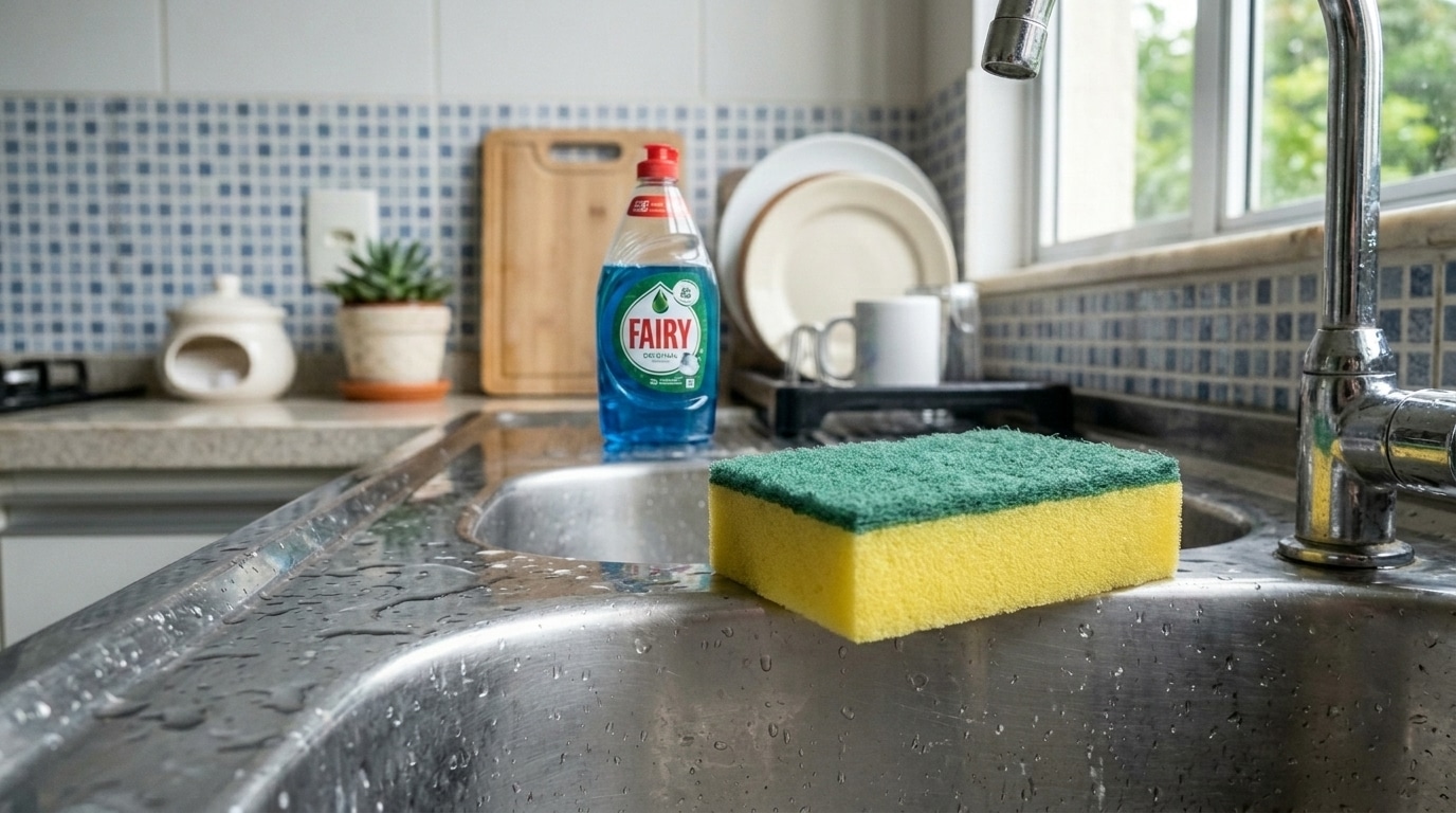 Esponja amarela e verde apoiada na borda molhada de uma pia de inox dupla, com um frasco de detergente azul ao fundo.