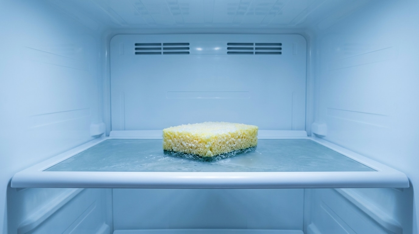 Uma esponja de cozinha clássica (face amarela para cima e verde para baixo) completamente congelada e coberta por uma fina camada de gelo, isolada sobre a prateleira de acrílico de um freezer vazio. A iluminação interna do eletrodoméstico cria uma atmosfera fria e azulada.