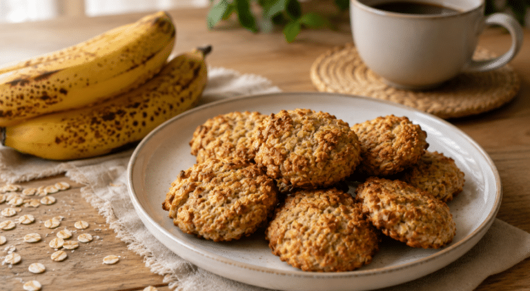 Bolinhos de banana com aveia dourados em prato claro, servidos sobre mesa de madeira com bananas maduras, aveia e xícara de café ao fundo.