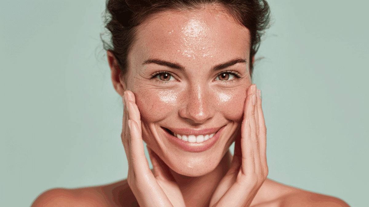 Mulher sorrindo com pele hidratada, luminosa e saudável após rotina de cuidados faciais.