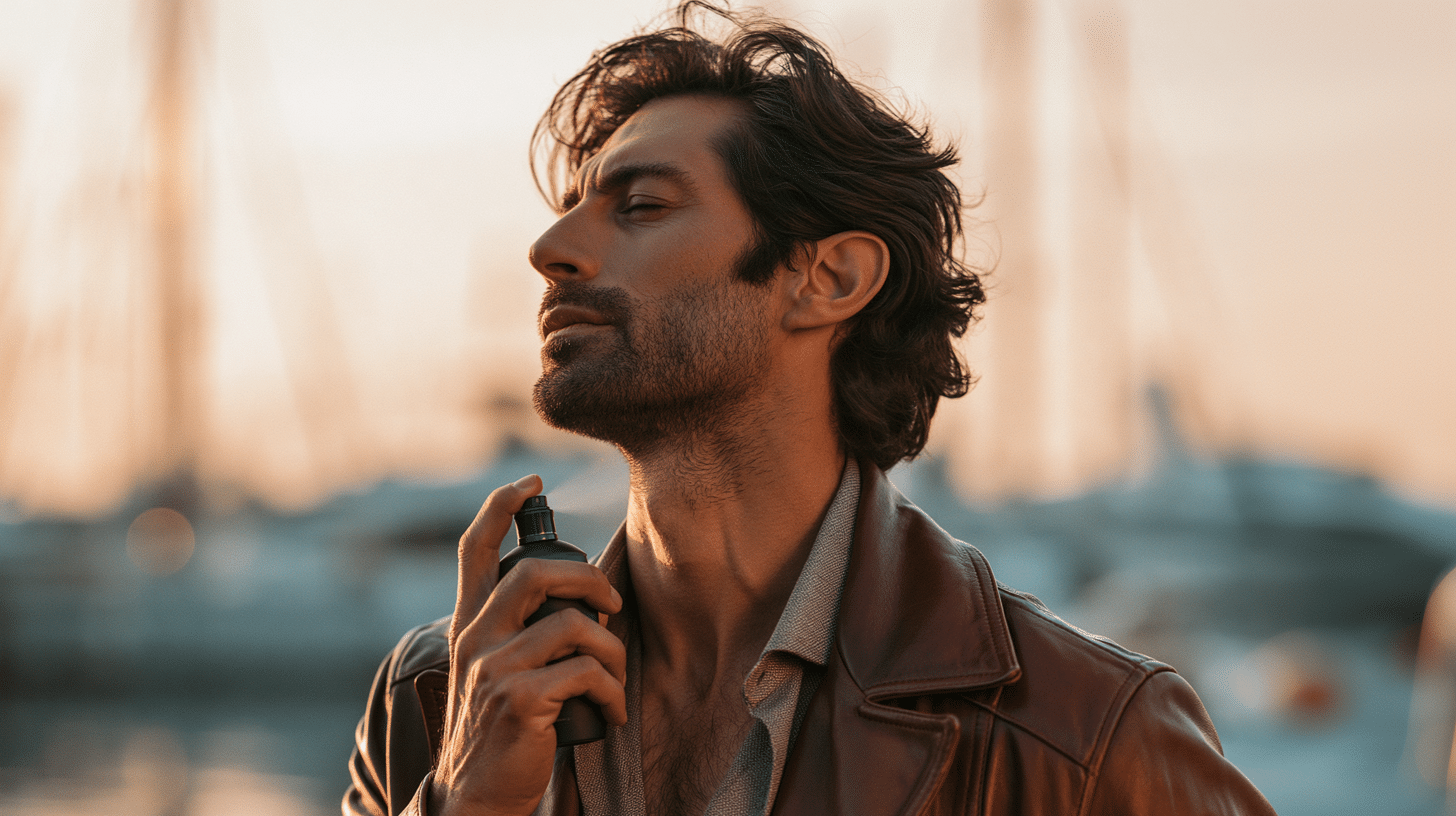Homem elegante aplicando perfume ao ar livre durante o pôr do sol, representando a tendência dos perfumes masculinos clássicos no inverno de 2026.