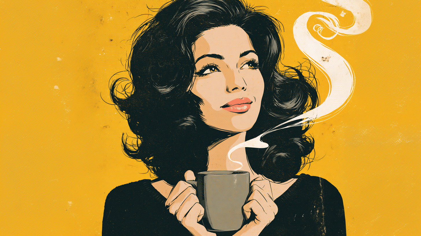 Ilustração de mulher segurando xícara de café em fundo amarelo, representando rituais matinais para recalibrar o cérebro.