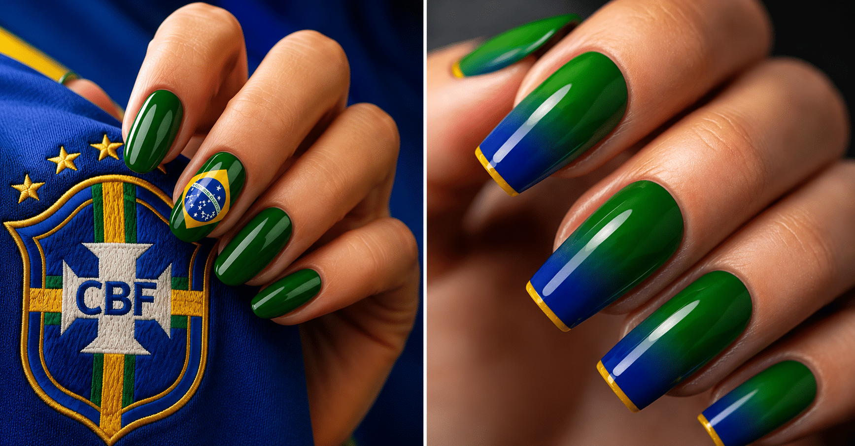 Duas inspirações de unhas para a Copa do Mundo com esmalte verde brilhante, nail art inspirada na bandeira do Brasil e degradê em azul e amarelo.