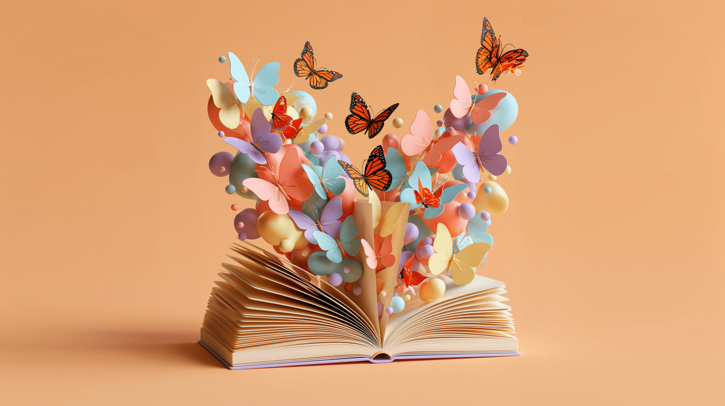 Livro aberto com borboletas coloridas simbolizando autoestima, autoconhecimento e transformação pessoal.