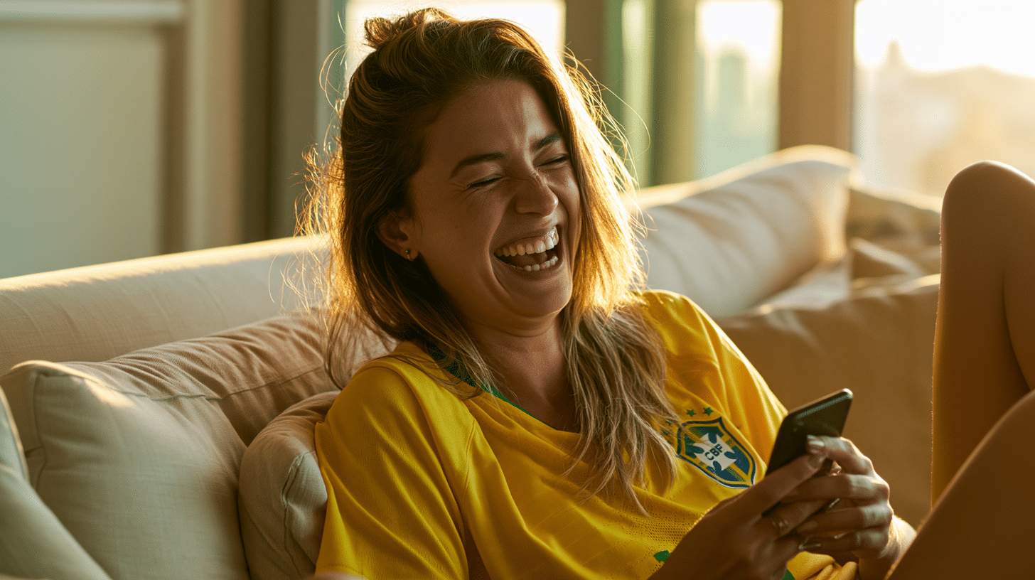 Mulher usando camiseta amarela do Brasil ri enquanto olha o celular sentada no sofá da sala.