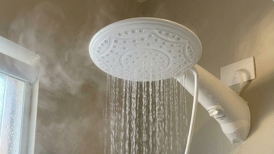 Chuveiro elétrico branco e moderno de parede ligado, com jatos de água finos e uniformes cercados por uma densa névoa de vapor quente.